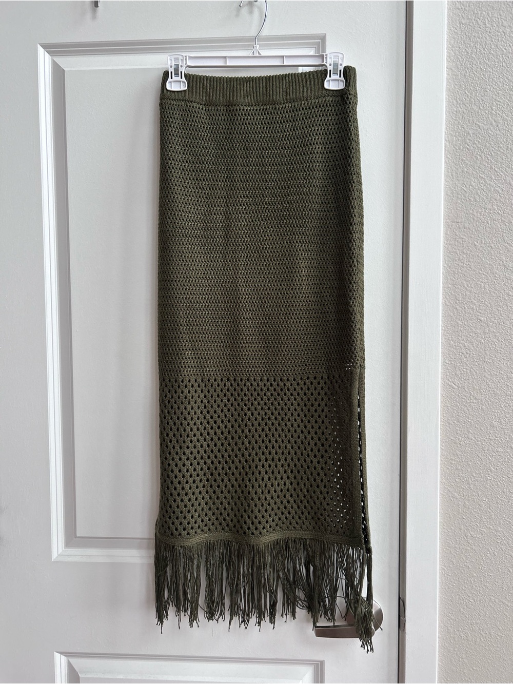 House of Harlow 1960 Olive Green Knit Maxi Skirt with Fringe